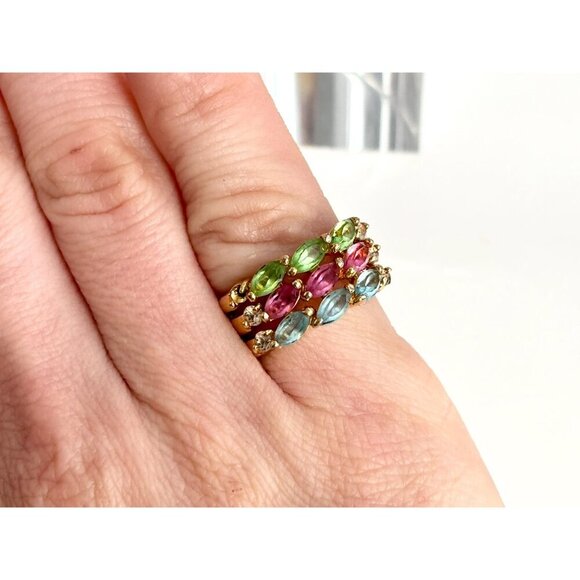 18k Gold HGE Multi Gemstone Triple Row Cocktail Vintage Ring - sz 6 - Picture 9 of 10